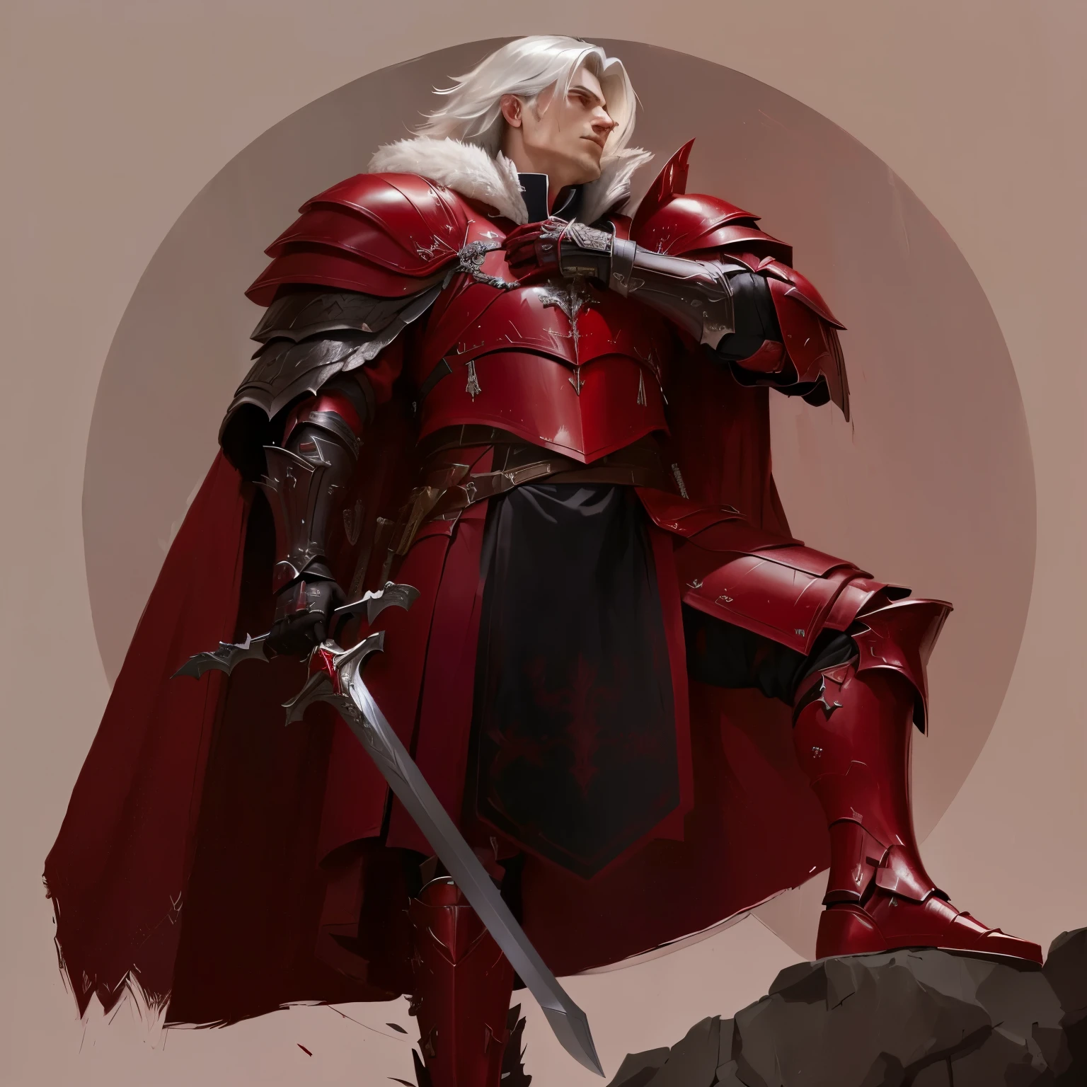 a close up of a man in a red outfit holding a sword, blood red armor, red armor, anthropomorphic raven knight, fullbody commission for, black and reddish color armor, silver armor and red clothing, commission for high res, manin red armor, wearing daedric armour, d & d style full body portrait, d&d character commission