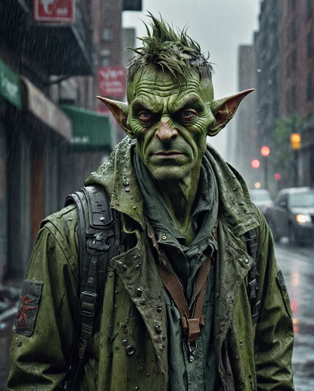 photorealism, hyperrealism, cinematic, A stunning street style portrait of a rugged post-apocalyptic, GREEN GOBLIN. braving the elements. Dressed in traditional costume with military camouflage details with a worn texture, he stands against a desolate urban backdrop. Rain falls, creating a cinematic atmosphere as the drops hit the surface of the coat. Intricate details such as patched repairs and buckled straps accentuate the character's resilience and resourcefulness. The scene is captured in a high-contrast, emphasizing the interplay of light and shadows.