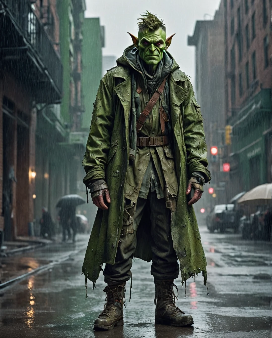 photorealism, hyperrealism, cinematic, A stunning street style portrait of a rugged post-apocalyptic, GREEN GOBLIN. braving the elements. Dressed in traditional costume with military camouflage details with a worn texture, he stands against a desolate urban backdrop. Rain falls, creating a cinematic atmosphere as the drops hit the surface of the coat. Intricate details such as patched repairs and buckled straps accentuate the character's resilience and resourcefulness. The scene is captured in a high-contrast, emphasizing the interplay of light and shadows.
