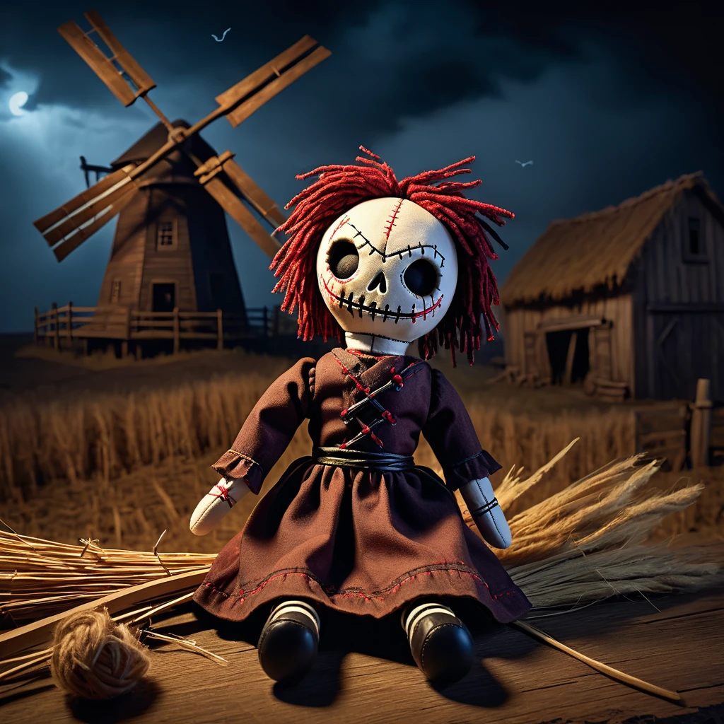 (knitted toy voodoo doll:1.7), (Voodoo Doll at a Creepy Windmill:1.3), (Clothing: rustic attire with dark patches:1.0), (Accessories: enchanted scythe emitting a sinister glow, floating ghostly hay bales:1.2), (background: old windmill with creaking blades and an eerie atmosphere:1.2), best quality, masterpiece, detailed soft oil painting, detailed background, dramatic cinematic lighting, soft edge lighting, professional, dramatic lighting, hard edge lighting, ultra quality, 4k, masterpiece, best quality, 8k, ultra high definition, high resolution, extremely detailed