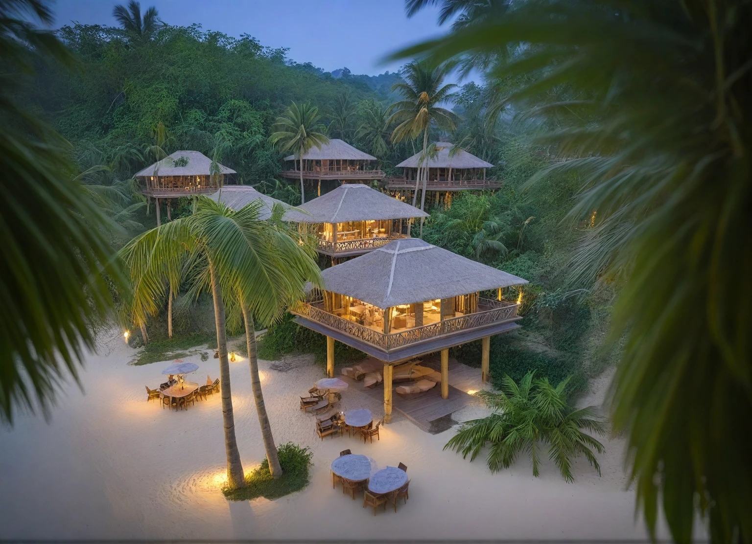 there is a thatched hut on the beach with chairs and tables, beach bar, (bamboo column), in a beachfront environment, bamboo huts, beach setting, wonderful masterpiece, restaurant in background, inspiring, thatched roof, un restaurant avec une terrasse, tropical location, thatched roofs, exterior shot, pavilion, awe - inspiring award - winning, vincent callebaut Rural house in sounth Vietnam, (day:1.1), coconut tree, tree in sounth Vietnam, tropical plants, light interior, warm lighting, blue sky, bokeh, soft light effects, morning mist, serene mood Raw photo,Masterpiece, high quality, best quality, authentic, super detail,