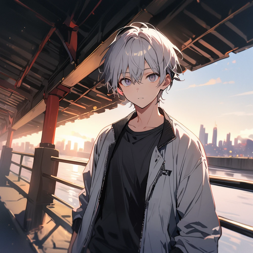 1boy, athletic, white color long loosen up hair, grey eyes, wearing black T-shirt with jacket and jeans, looking at viewer, under the bridge