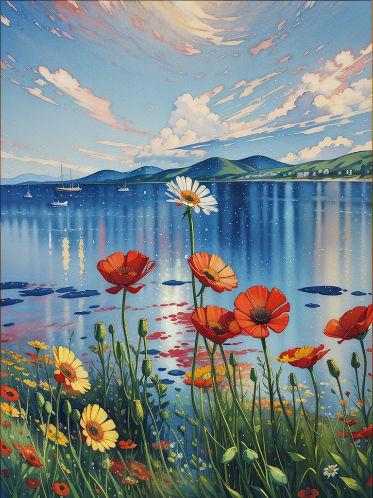 a painting of red and yellow flowers in front of a body of water, a pointillism painting, poppies, detailed watercolor painting, daisies and poppies, watercolors on canvas, romanticism landscape painting, by Anne Dunn, floral splash painting, painting on silk, highly detailed water colour 8k, highly detailed water colour 8 k, watercolor landscape, a watercolor painting