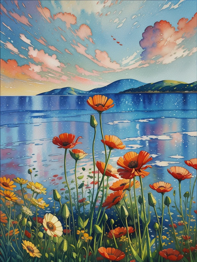 a painting of red and yellow flowers in front of a body of water, a pointillism painting, poppies, detailed watercolor painting, daisies and poppies, watercolors on canvas, romanticism landscape painting, by Anne Dunn, floral splash painting, painting on silk, highly detailed water colour 8k, highly detailed water colour 8 k, watercolor landscape, a watercolor painting