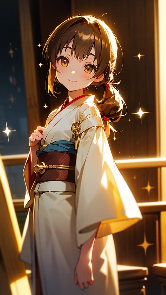 Ghibli style、Asuna, masterpiece, Highest quality, detailed, (One girl), alone, detailed golden eyes, Shoulder-length hair、Are standing, Close to the audience, (detailed kimono), A light smile, Medium chest, Beautiful dresoonlit Night、 、Brown Hair, Twin tails, smile、Sparkle Effect, Sparkle Effect, 3D Rendering,