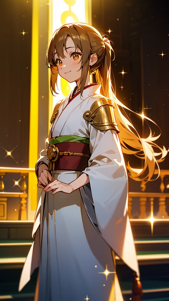 Ghibli style、Asuna, masterpiece, Highest quality, detailed, (One girl), alone, detailed golden eyes, Shoulder-length hair、Are standing, Close to the audience, (detailed kimono), A light smile, Medium chest, Beautiful dresoonlit Night、 、Brown Hair, Twin tails, smile、Sparkle Effect, Sparkle Effect, 3D Rendering,