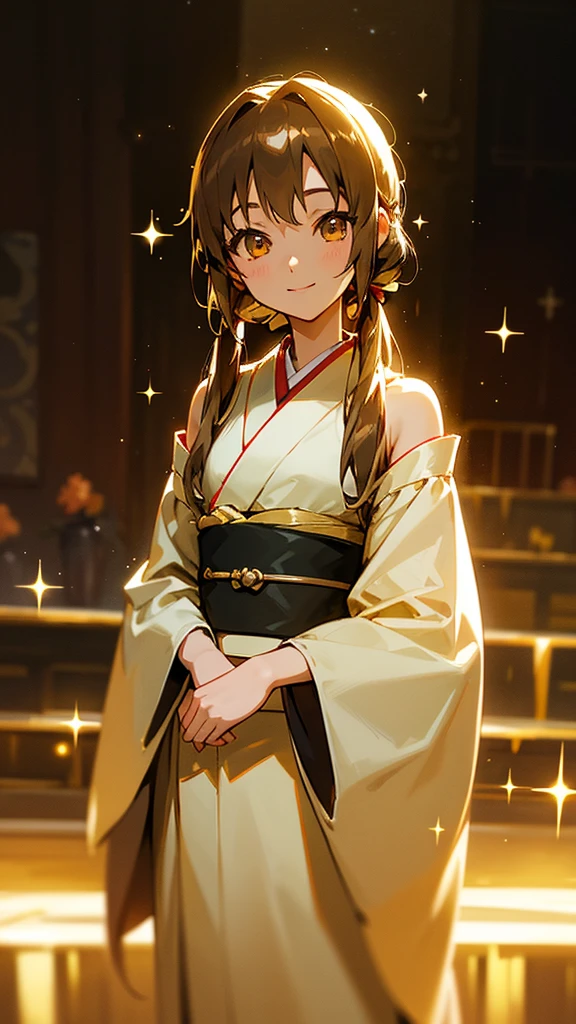 Ghibli style、Asuna, masterpiece, Highest quality, detailed, (One girl), alone, detailed golden eyes, Shoulder-length hair、Are standing, Close to the audience, (detailed kimono), A light smile, Medium chest, Beautiful dresoonlit Night、 、Brown Hair, Twin tails, smile、Sparkle Effect, Sparkle Effect, 3D Rendering,