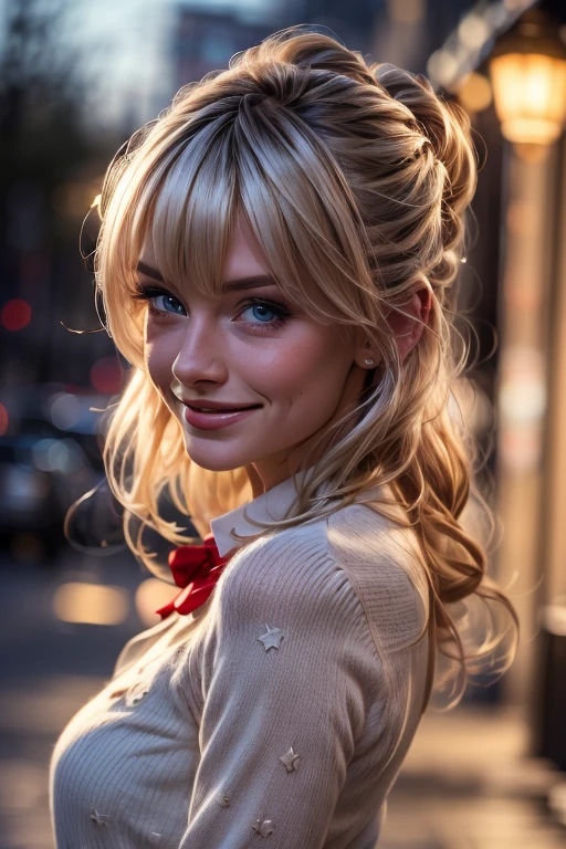 (extremely delicate and beautiful:1.2),1girl,blonde, bangs, blue eyes, blurry, blurry background, bow, white hair, closed mouth, from side, hair between eyes, hair bow, lantern, light particles, long sleeves, looking at viewer, medium hair, night, red bow, solo, star \(symbol\), upper body,smile,red lips