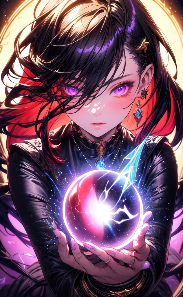 (masterpiece, best quality, ultra-detailed, best shadow), (detailed background,dark fantasy), (beautiful detailed face), high contrast, (best illumination, an extremely delicate and beautiful), ((cinematic light)), colorful, hyper detail, dramatic light, intricate details, (1girl, solo,red hair, sharp face,purple eyes, hair between eyes,dynamic angle), blood splatter, swirling black light around the character, depth of field,black light particles,(broken glass),magic circle,
