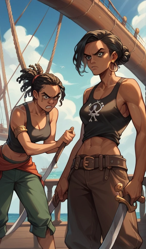 Hig? quality image of a group of african girls with black hair, long brais, wearing black tank top, pirate pants, alert, angry, wielding flintlock, focus, pirate ship