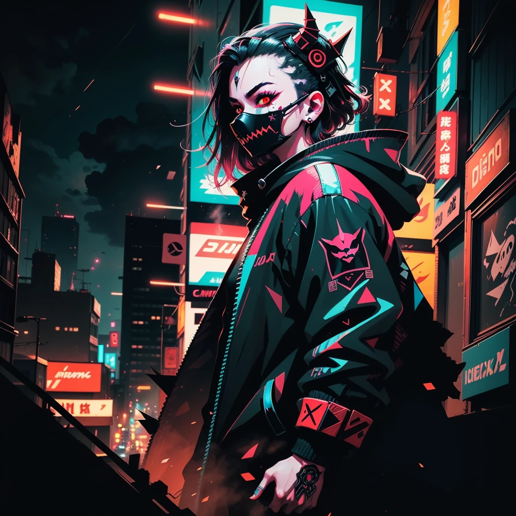 (detailed and high quality CG illustration, masterpiece)+(cyberpunk ninja+night scenery+building rooftop),(dark atmosphere+neon luminous light),crouching pose, vibrant and evil-looking demon mask that features sharp and pointed teeth (demon mask:1.3), equipment details, the demon mask's eyes are luminous with neon colors (demon mask+neon luminous eyes: 1.2)، ninja cyberpunk samurai clothes