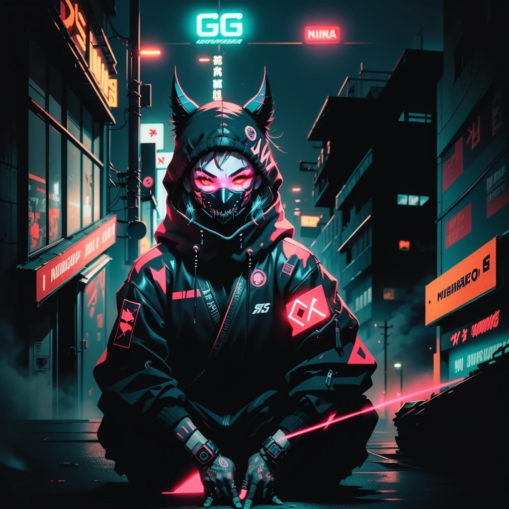 (detailed and high quality CG illustration, masterpiece)+(cyberpunk ninja+night scenery+building rooftop),(dark atmosphere+neon luminous light),crouching pose, vibrant and evil-looking demon mask that features sharp and pointed teeth (demon mask:1.3), equipment details, the demon mask's eyes are luminous with neon colors (demon mask+neon luminous eyes: 1.2)، ninja cyberpunk samurai clothes
