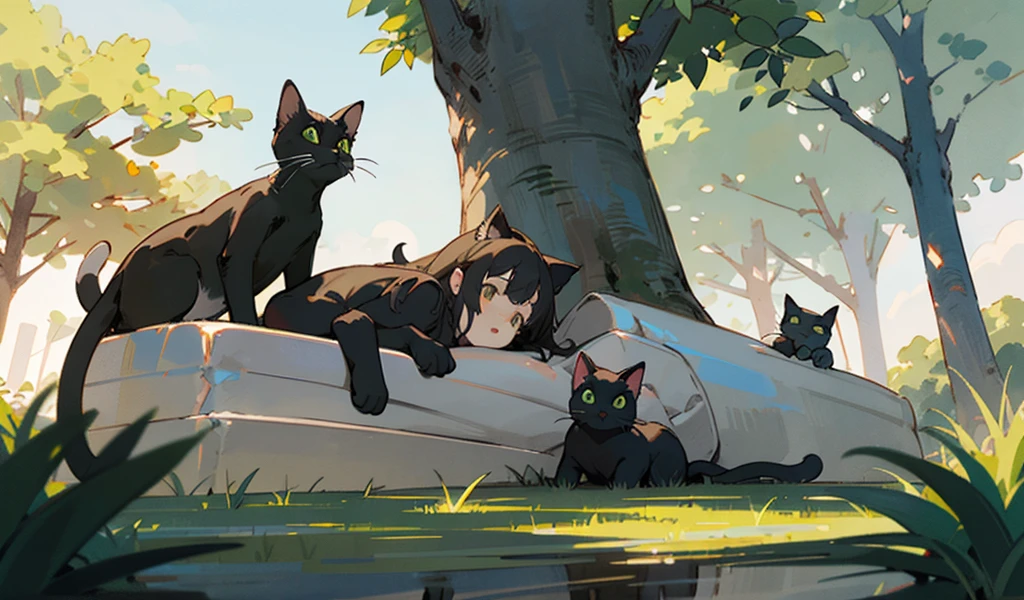 The image shows three cats in a natural outdoor setting, with foliage and trees in the background.
Cat on the left: White with brown and black markings, lying on the ground looking up.
Cat in the middle: Black with white paws, lying down on a tree branch.
Cat on the right: Light brown and cream colored, also lying on the ground looking up at the black cat. This cat has a small green frog on its head.
The soft lighting suggests that it could be dawn or dusk.