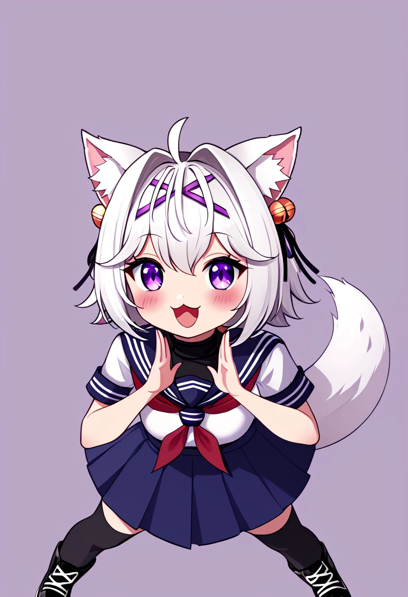 master piece, best quality, ultra-detailed, illustration, 1girl, solo, ((chibi)), (big head), cute pose, front view, looking at viewer. Filiansailor, ((purple hairclip)), hair bell white hair, short hair, cat ears, ahoge, purple eyes, blush, laughing, fluffy tail, serafuku, black turtleneck, short sleeve, red neckerchief, blue skirt, black stockings, black shoes, ((simple background)),