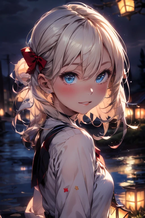 (extremely delicate and beautiful:1.2),1girl,blonde, bangs, blue eyes, blurry, blurry background, bow, white hair, closed mouth, from side, hair between eyes, hair bow, lantern, light particles, long sleeves, looking at viewer, medium hair, night, red bow, solo, star \(symbol\), upper body,smile,red lips