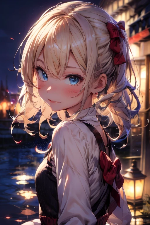 (extremely delicate and beautiful:1.2),1girl,blonde, bangs, blue eyes, blurry, blurry background, bow, white hair, closed mouth, from side, hair between eyes, hair bow, lantern, light particles, long sleeves, looking at viewer, medium hair, night, red bow, solo, star \(symbol\), upper body,smile,red lips