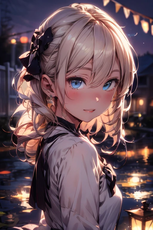 (extremely delicate and beautiful:1.2),1girl,blonde, bangs, blue eyes, blurry, blurry background, bow, white hair, closed mouth, from side, hair between eyes, hair bow, lantern, light particles, long sleeves, looking at viewer, medium hair, night, red bow, solo, star \(symbol\), upper body,smile,red lips