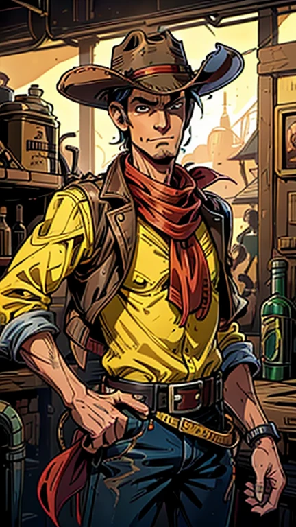 (1man, Lucky luke, yellow top, black jacket, jean, cowboy hat, red bandana), (extremely detailed CG unit 8k wallpaper),(master part), (best quality), (ultra detail), (best illustration),(melhor ombre), cowboy shot, (Sharp eyeliner, ombre, detail eyes:1), dieselpunk  style wild west saloon interiors background, ,break , (dieselpunkAI), upper body, short hair, black hair