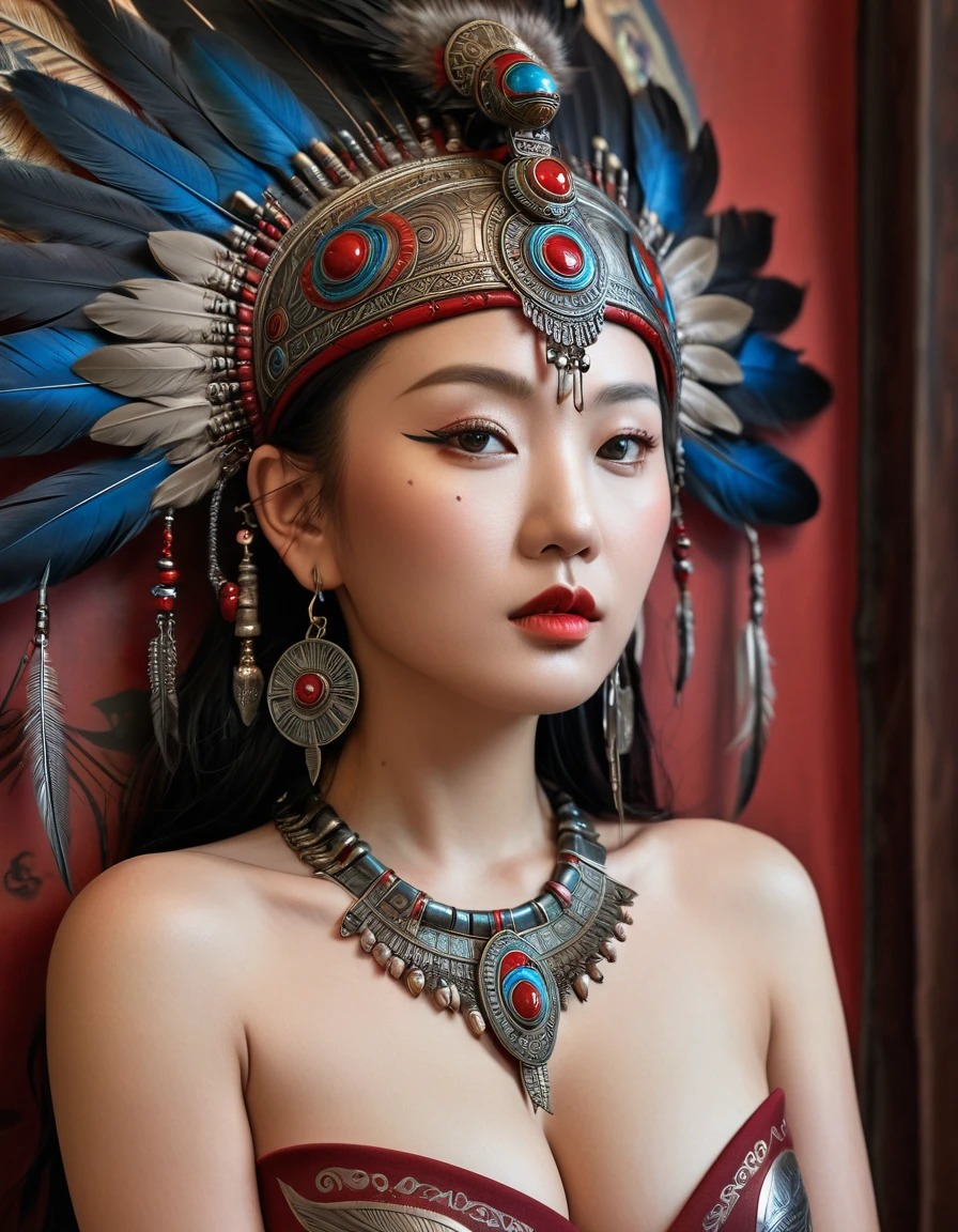 full body view, topless, , oil painting style, spaceship interior, beautiful nude olianan, tattoo, ruby jewelry, black feather headdress, detailed face, detailed eyes, detailed lips, extremely detailed, intricate details, cinematic lighting, dramatic shadows, vivid colors, photorealistic, 8k, high quality, masterpiece, digital art