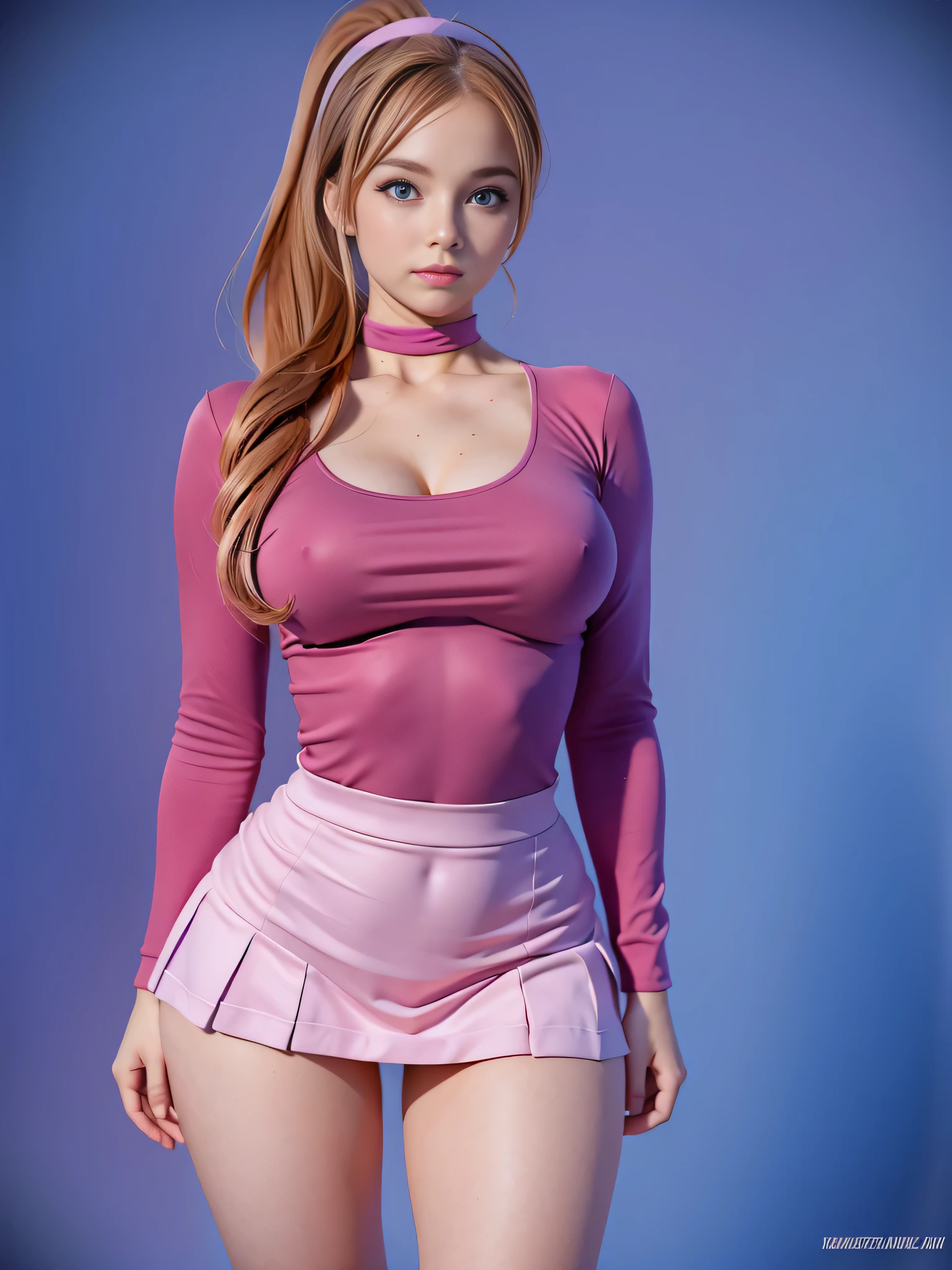 4k, realistic, charismatic, very detailed, there is a girl in the sky, She is Daphne Blake, she is a very young, Scooby Doo theme, ((she is in the space)), large hair, ponytail, 20 years, full body, (detail in the eyes), (detail in the face), incredibly beautiful, blue eyes, blush, makeup, red lipstick, miniskirt, (wide hips), (thick thighs), small breasts, dress, Beauty girl, seductive pose, (extreme hourglass figure), thin, svelte, white skirt, boots, tight t-shirt, ((pleated mini skirt))