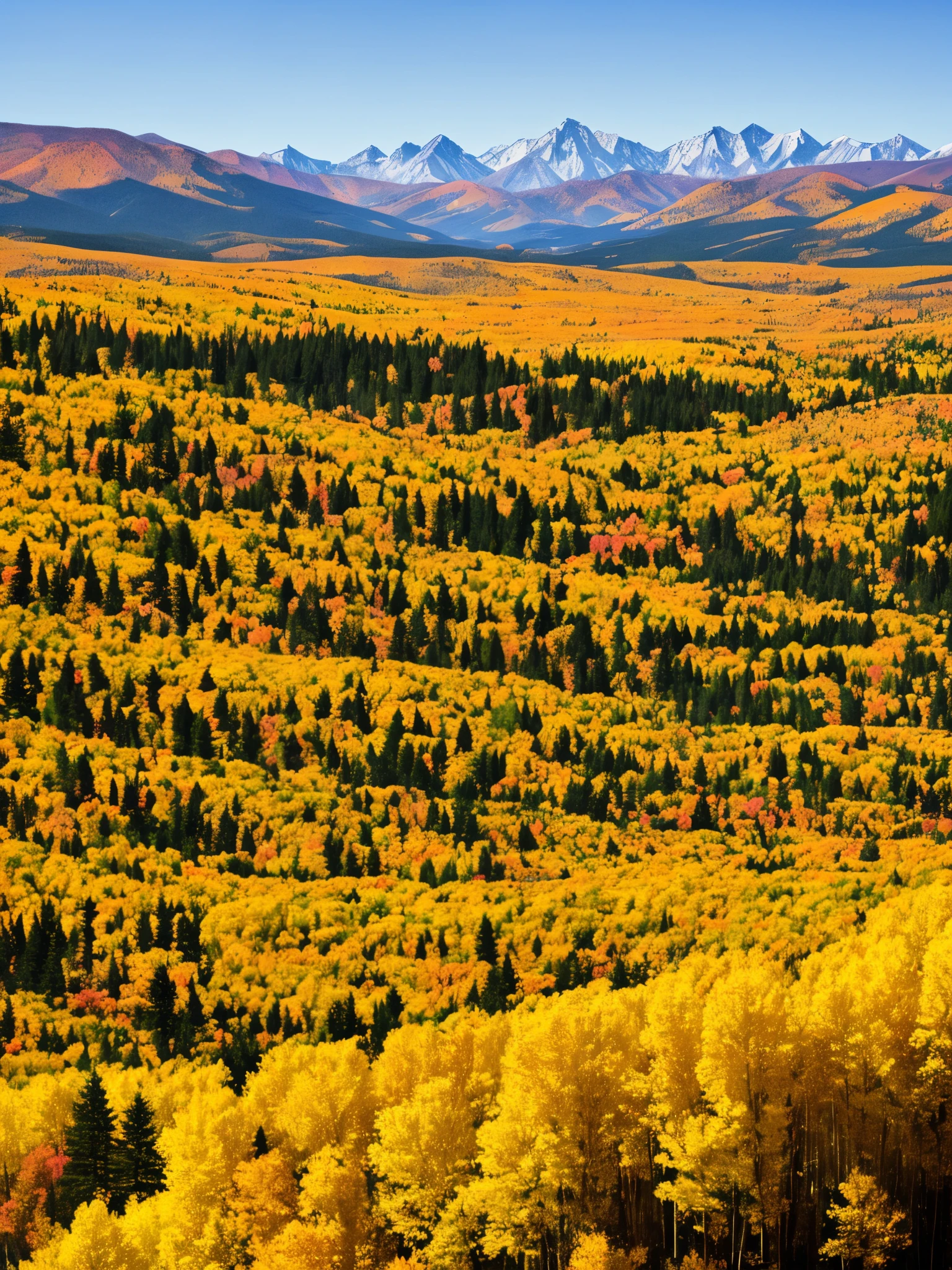 mountains in the distance with yellow trees in the foreground, a portrait by Joe Stefanelli, flickr, les nabis, wyoming, aspen grove in the background, autumn mountains, wind river valley, spectacular rocky mountains, rocky mountains, fall colors, scenic mountain setting, american west scenery, rocky mountains in background, rocky meadows, muted fall colors, shades of gold display naturally
