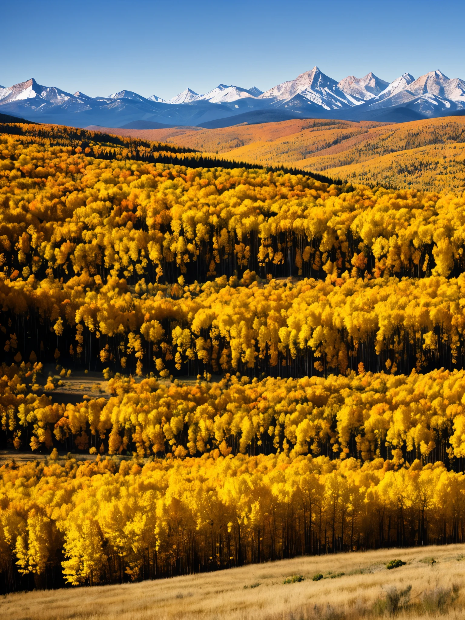 mountains in the distance with yellow trees in the foreground, a portrait by Joe Stefanelli, flickr, les nabis, wyoming, aspen grove in the background, autumn mountains, wind river valley, spectacular rocky mountains, rocky mountains, fall colors, scenic mountain setting, american west scenery, rocky mountains in background, rocky meadows, muted fall colors, shades of gold display naturally