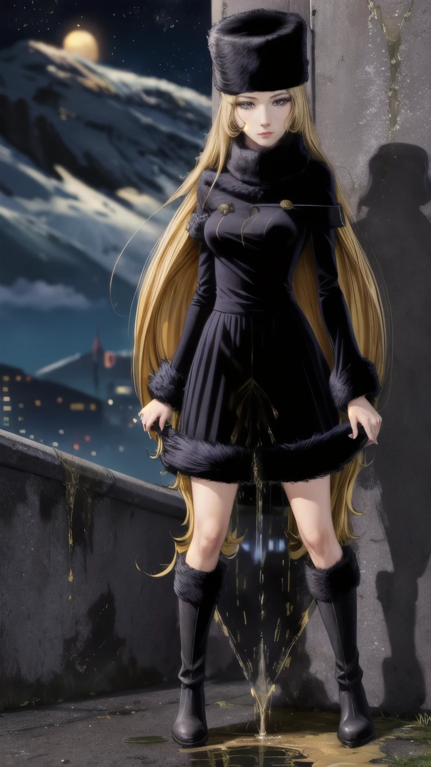 best quality, masterpiece, high resolution, extremely detailed, intricate details, (full body, front view, looking at viewer), ,
solo, a beautiful woman, tall woman, (maetel, long hair, blonde hair, fur-trim, black-headwear, fur-hat, long-sleeves dress, black heel boots:1.5),
smaller face, detailed face, detailed eyes, sophisticated nose, fine-textured skin, pale skin,
(standing with spread legs wide apart, skirt lift, showing off underskirt:1.2), (peeing self, urination:1.5),(pee puddle),
photo background, outdoors, night,