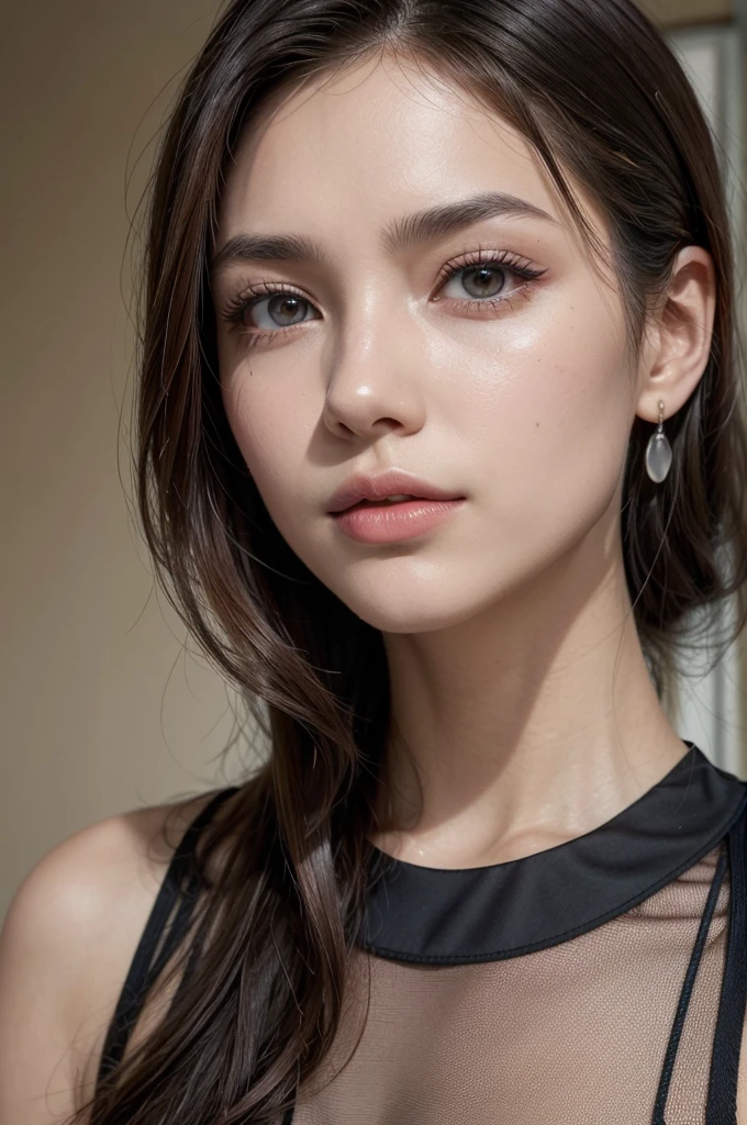 formato do Rosto:
structure: round, with fuller cheekbones and a smooth, rounded jawline.
brow: Slightly wide and flat.
jawline: Soft and slightly rounded.
hairs:
Farbe: black deep, with a healthy glow.
length: 小柄, at chin height, with light layers to add shape and volume.
styled: Smooth and straight, with a polished and elegant finish.
bangss: bangss reta e grossa, covering the forehead.
eyeballs:
forma: round e ampla.
Farbe: Black or dark brown, with an intense and expressive look.
eyebrows: Arched and well defined, with a shape that highlights the eyes.
Eyelids: Delicately highlighted with a discreet eyeliner and light shadow.Skinned:
tom: Olive or light brunette, with a natural and healthy glow.
texture: Smooth and well cared for, with a slight shine for a radiant finish.
lips:
forma: Thin and well defined, with a clear contour.
Farbe: Deep red or berry, with a matte finish.
vestimentas:
styled: Modern and bold, with pieces that add a touch of sophistication, like a silk blouse or a structured dress.
Farbe: Bold or metallic tones, like dark red, navy blue or silver.
Accessories:
jewelry: Statement earrings or a statement necklace, to complement the modern and sophisticated style.
make-up: Most prominent, focusing on vibrant lipstick and well-defined eyes.