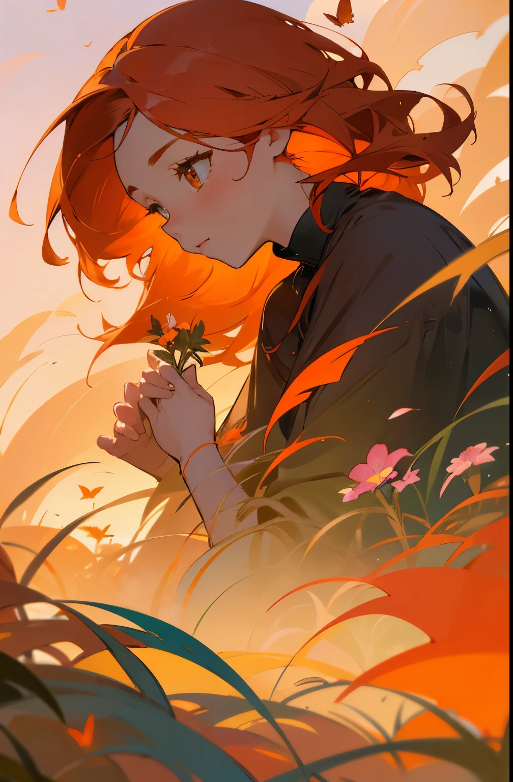 Girl 1,flowers,field,soft tones,A Bright Personality,ultra detail,fiery hair color,bright eyes,Looks at the Sky,Around the Butterfly,animals,Good,Pleasant atmosphere,high quality,scale,wallpaper,4k