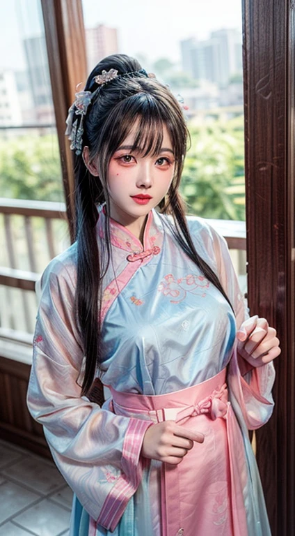 1 real beautiful girl, Waist-length hair, Long black hair with a hint of blue,Light blue eyes, Ancient Aodai, style hanfu, Wearing ancient Chinese thin silk shirt, Pink and smooth fair skin, Wearing a simple Aodai, Shoulders and head appear in the photo,Cute little face, Eye bags under wet makeup, Plump red lips, pout, ((Shut up:1.0)), Balanced front teeth, Awkward, Small face makeup,very beautiful, Super round and firm breasts, Breast Augmentation, bbloom , Wear a camisole underneath to cover the girl's chest, blush, From the front, Wearing earrings, necklace, from above, Looking at the audience, Upturned eyes, whole body, masterpiece, Top quality, best quality, Official Art, Unity 8K wallpaper, high resolution, 超high resolution, Extremely detailed, (Reality:1.2), Solitary, Solitary, Only one girl, style hanfu Dunhuang, 10x pixel, Super realistic, Ultra-high quality, whole body view of the girl, Upper Body,