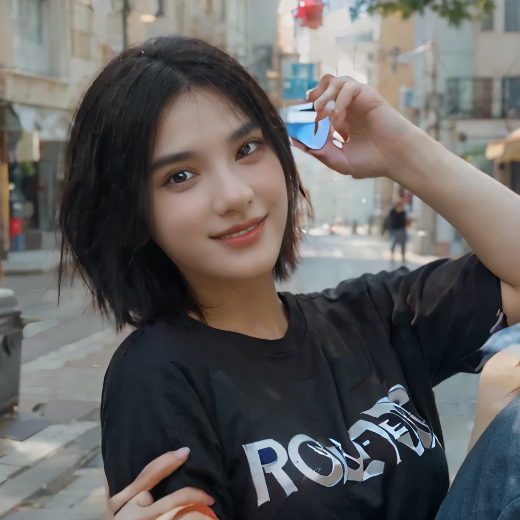 Girl with short black hair and beautiful smile, black detail eyes, details lips, Wearing red t-shirt and blue pants, very detail, more realistic