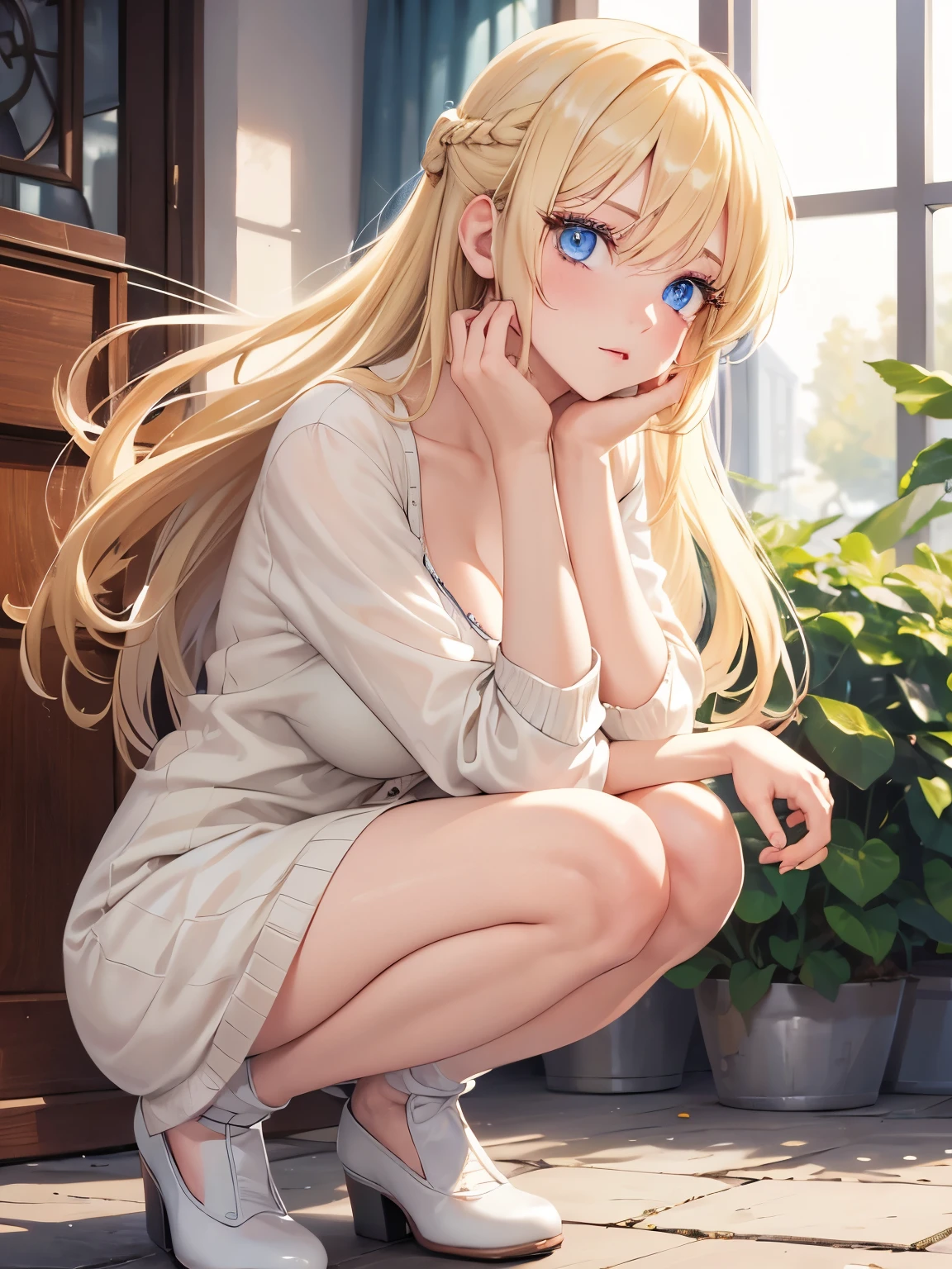 1woman,squat,blue eyes,Beautiful makeup, long eyelashes,early in the morning,stunning,half body photo, very detailed face,cute,,HD face, perfect face,Short white dress, cardigan,very big breasts,Blonde hair,blonde hair,blonde,bangs,long hair, straight hair,ultra detail,ultra Hd, masterpiece,4k