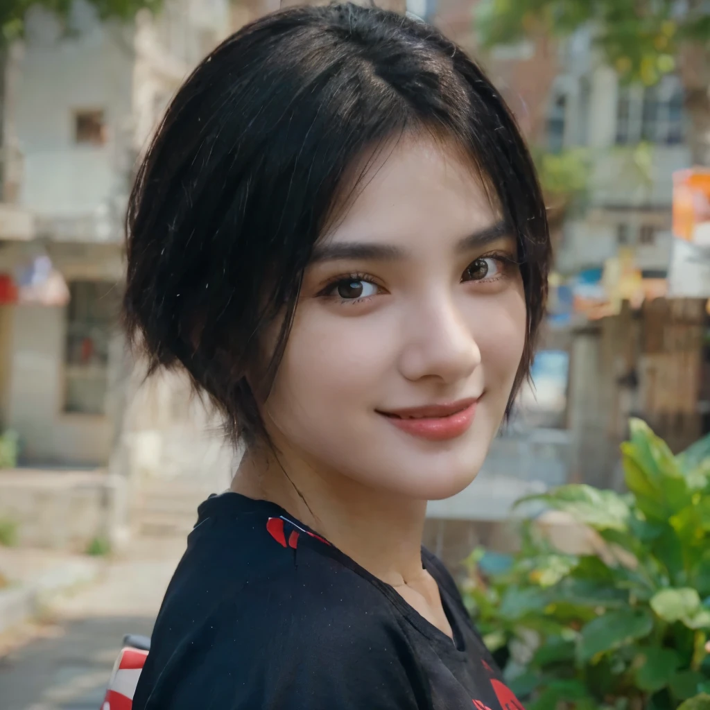 Girl with short black hair and beautiful smile, black detail eyes, details lips, Wearing red t-shirt and blue pants, very detail, more realistic