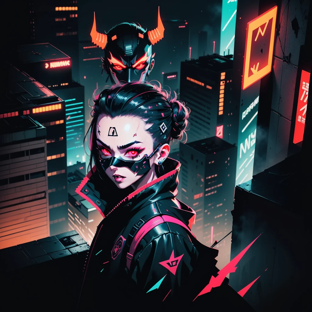 (detailed and high quality CG illustration, masterpiece)+(cyberpunk ninja+night scenery+building rooftop),(dark atmosphere+neon luminous light),crouching pose, vibrant and evil-looking demon mask that features sharp and pointed teeth (demon mask:1.3), equipment details, the demon mask's eyes are luminous with neon colors (demon mask+neon luminous eyes: 1.2)، ninja cyberpunk samurai clothes