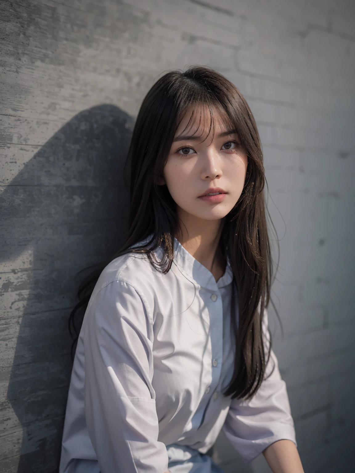 1woman,Javanese Woman, long shirt, Look at viewer, ((Grey Wall Background)),Long Hair, High Quality, Photorealistic, Natural Lighting, Natural Shadow, Glowing Skin, Shot with Sony A7 mark IV, Coboy Shot, Sharp, Clear Subject.