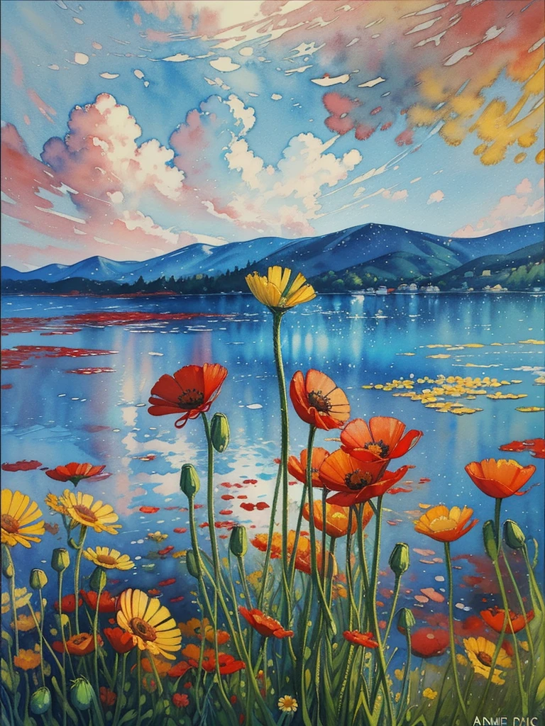 a painting of red and yellow flowers in front of a body of water, a pointillism painting, poppies, detailed watercolor painting, daisies and poppies, watercolors on canvas, romanticism landscape painting, by Anne Dunn, floral splash painting, painting on silk, highly detailed water colour 8k, highly detailed water colour 8 k, watercolor landscape, a watercolor painting