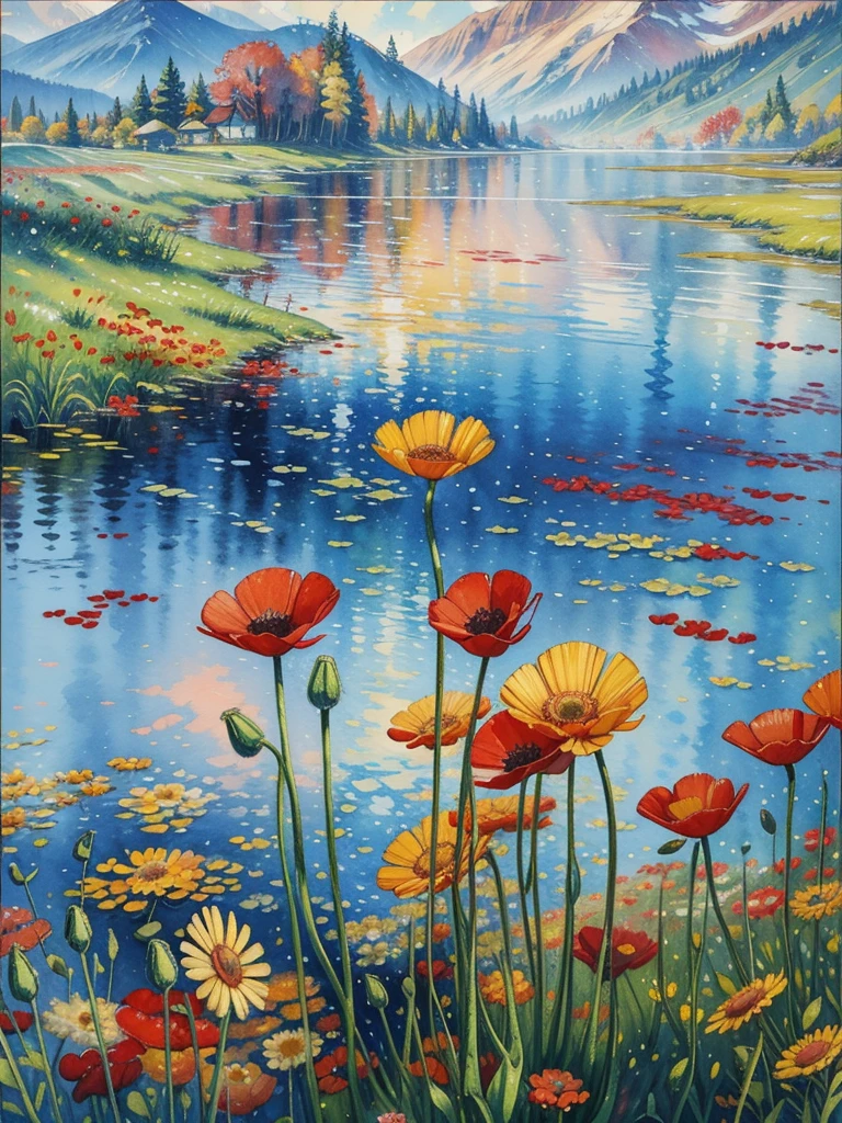 a painting of red and yellow flowers in front of a body of water, a pointillism painting, poppies, detailed watercolor painting, daisies and poppies, watercolors on canvas, romanticism landscape painting, by Anne Dunn, floral splash painting, painting on silk, highly detailed water colour 8k, highly detailed water colour 8 k, watercolor landscape, a watercolor painting