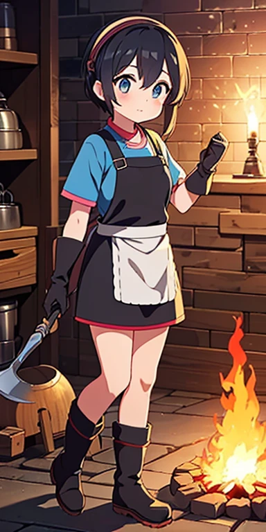 Full body, beautiful eyes , 1 girl , full body , cute girl , anime style , cute eyes , (standing up) , (Blacksmith trainers typically wear practical, fire-resistant clothing suited for their work, such as leather aprons, gloves, and sturdy boots. Their attire is often covered in soot and scorch marks, indicating their hands-on work with molten metal. They may also have tools like hammers, tongs, and anvils as part of their gear. Many blacksmiths also wear protective goggles or visors to shield their eyes from sparks.)