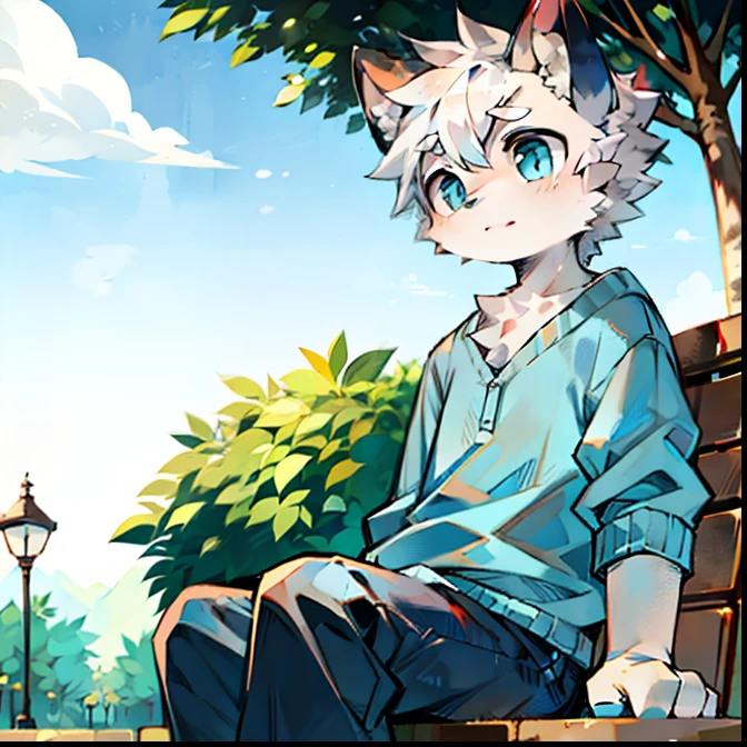 furry， cat boy，（White hair），（Dark gray skin），blue eyes，Sitting in the park in the morning，（（Wear short white socks）），Light blue pajamas and blue pajama pants，The only person，high quality
