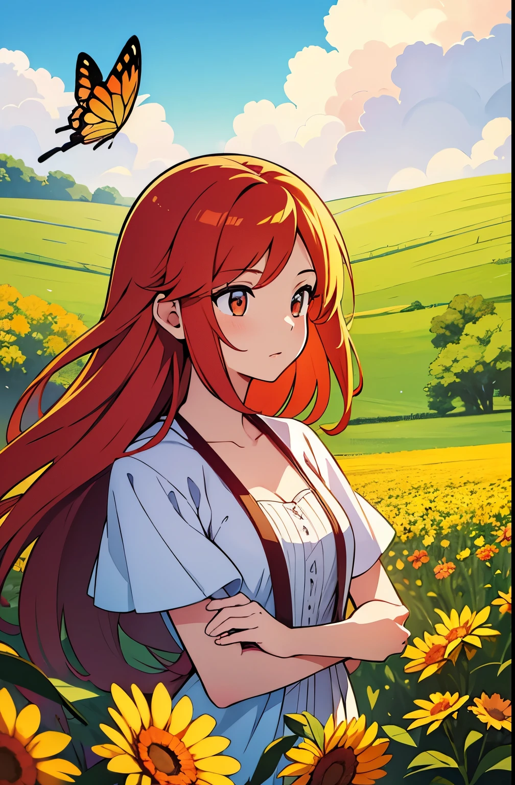 Girl 1,flowers,field,soft tones,A Bright Personality,ultra detail,fiery hair color,bright eyes,Looks at the Sky,Around the Butterfly,animals,Good,Pleasant atmosphere,high quality,scale,wallpaper,4k