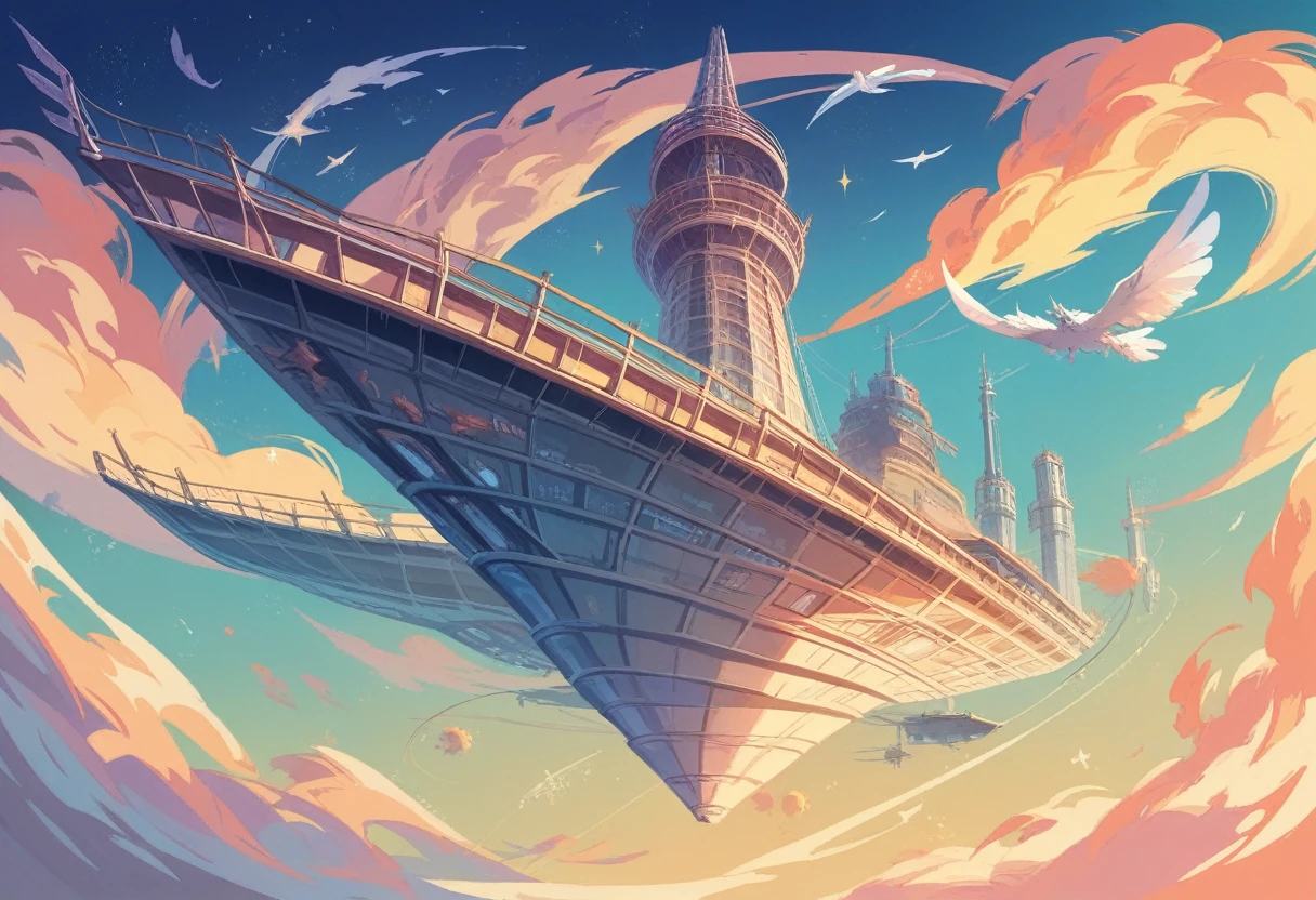 Sky City：grow、Flowing、Fantasy、Vast, towering tower、A flying creature with pure white wings、A fleet of colorful flying ships、Fantastic cloud shapes、Stars and rainbows in the distance