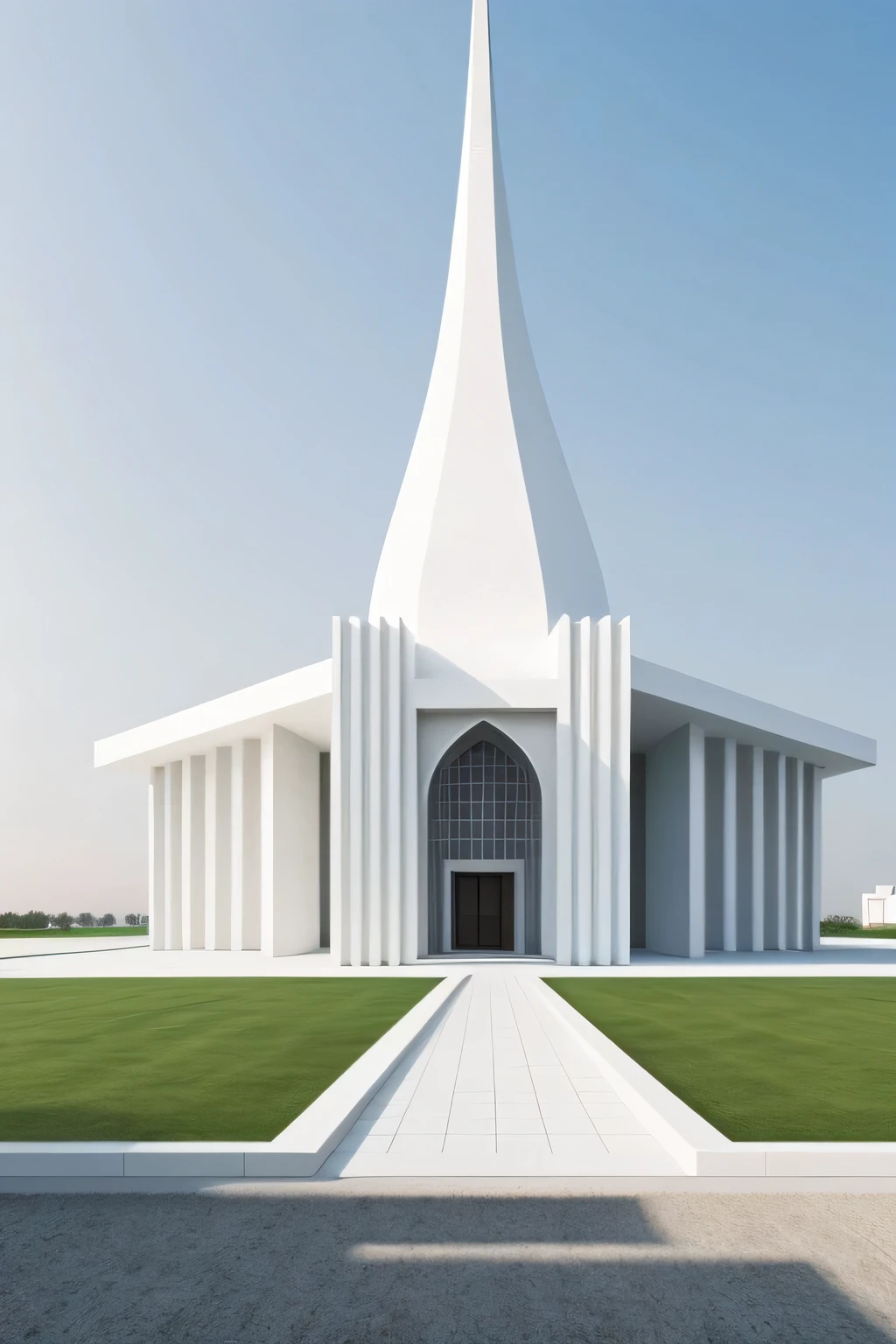 Professional 3d architecture rendering design of modern and minimal and parametric and diconstration and high tech mosque with steel and white stone