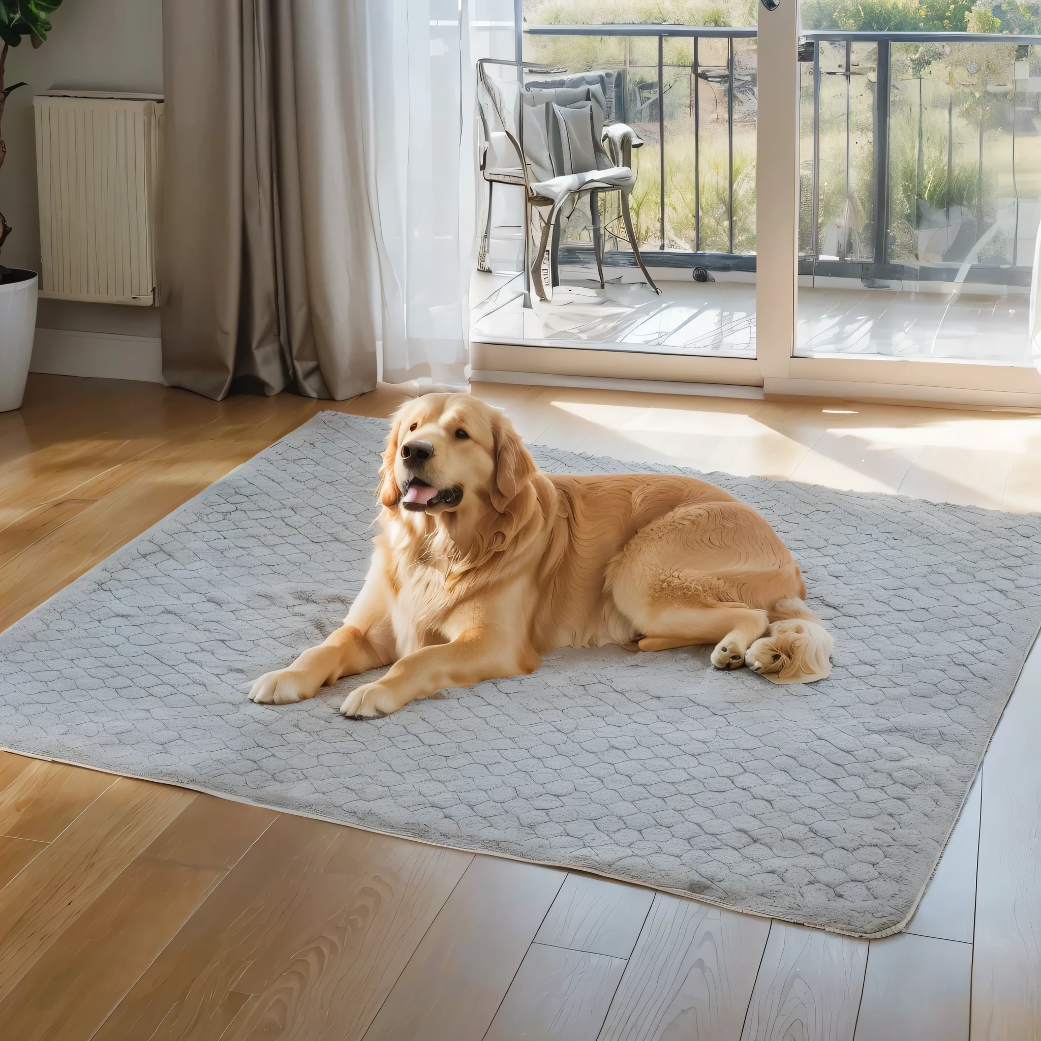 A golden retriever is lying on a gray short-haired carpet in the living room, A big one, On a gray background, true Realistic images, , Portraits, Luxury, Multi-layer, in the background, large size, Realistic images, unbelievably realistic, High target, dramatic&quot;, Dramatic, Dramatic Mood, Surrealism，Natural light and shadow
