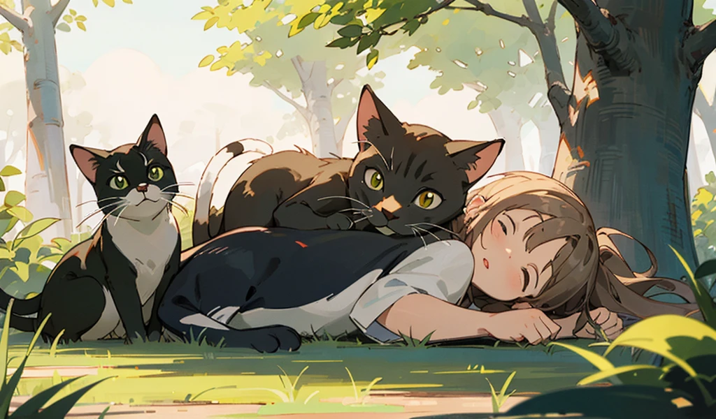 The image shows three cats in a natural outdoor setting, with foliage and trees in the background.

Cat on the left: White with brown and black markings, lying on the ground looking up.
Cat in the middle: Black with white paws, lying down on a tree branch.
Cat on the right: Light brown and cream colored, also lying on the ground looking up at the black cat. This cat has a small green frog on its head.
The soft lighting suggests that it could be dawn or dusk.