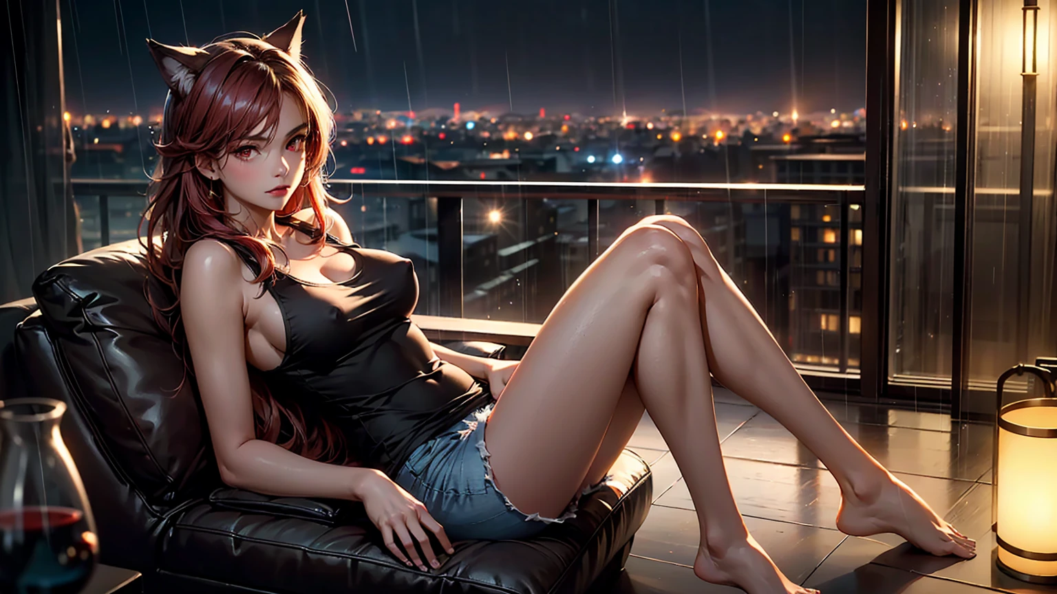 Create a high-quality image of an 18-year-old wolf girl with long red hair and red eyes. She is wearing a see-through tank top that barely shows her nipples, highlighting her slender figure. She also wears short shorts or sleep shorts that emphasize her toned legs.
The girl is sitting on a balcony, with a modern city skyline lit up by city lights in the background. It's nighttime, and rain is gently falling, creating a reflective sheen on the balcony.
She poses seductively, facing the camera with a captivating gaze. Her expression is alluring and mysterious, drawing the viewer in. The cozy atmosphere is enhanced by the warm glow of city lights contrasting with the cool, rainy night. Details like the texture of her hair, the transparency of her tank top, and the reflections in the raindrops add to the image's high-quality visual artistry.
The overall ambiance is cozy and alluring, blending modern urban elements with the enchanting presence of the wolf girl.