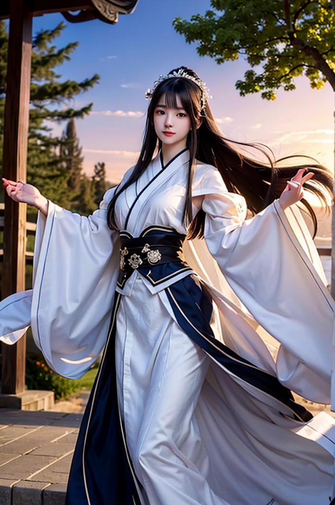 shot in 8K HD. Realistic photographic illustration of donghua movie characters, real proposition, highly detailed 25-year-old Chinese woman with beautiful face, long black hair fluttering in the wind, wearing fairy clothes with long skirt and thin cloth fluttering in the wind with blue and white combination showing high femininity showing her charming white skin, standing pose with K style giving the impression of a woman dancing elegantly, the background is a garden. close-UP shooting angle.