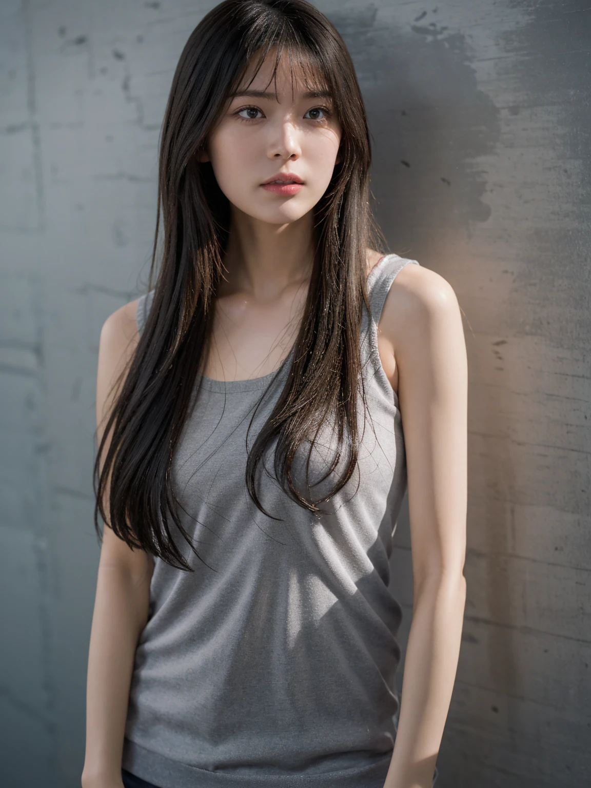 1woman,Javanese Woman, long shirt, Look at viewer, ((Grey Wall Background)),Long Hair, High Quality, Photorealistic, Natural Lighting, Natural Shadow, Glowing Skin, Shot with Sony A7 mark IV, Coboy Shot, Sharp, Clear Subject, wearing knit tanktop.