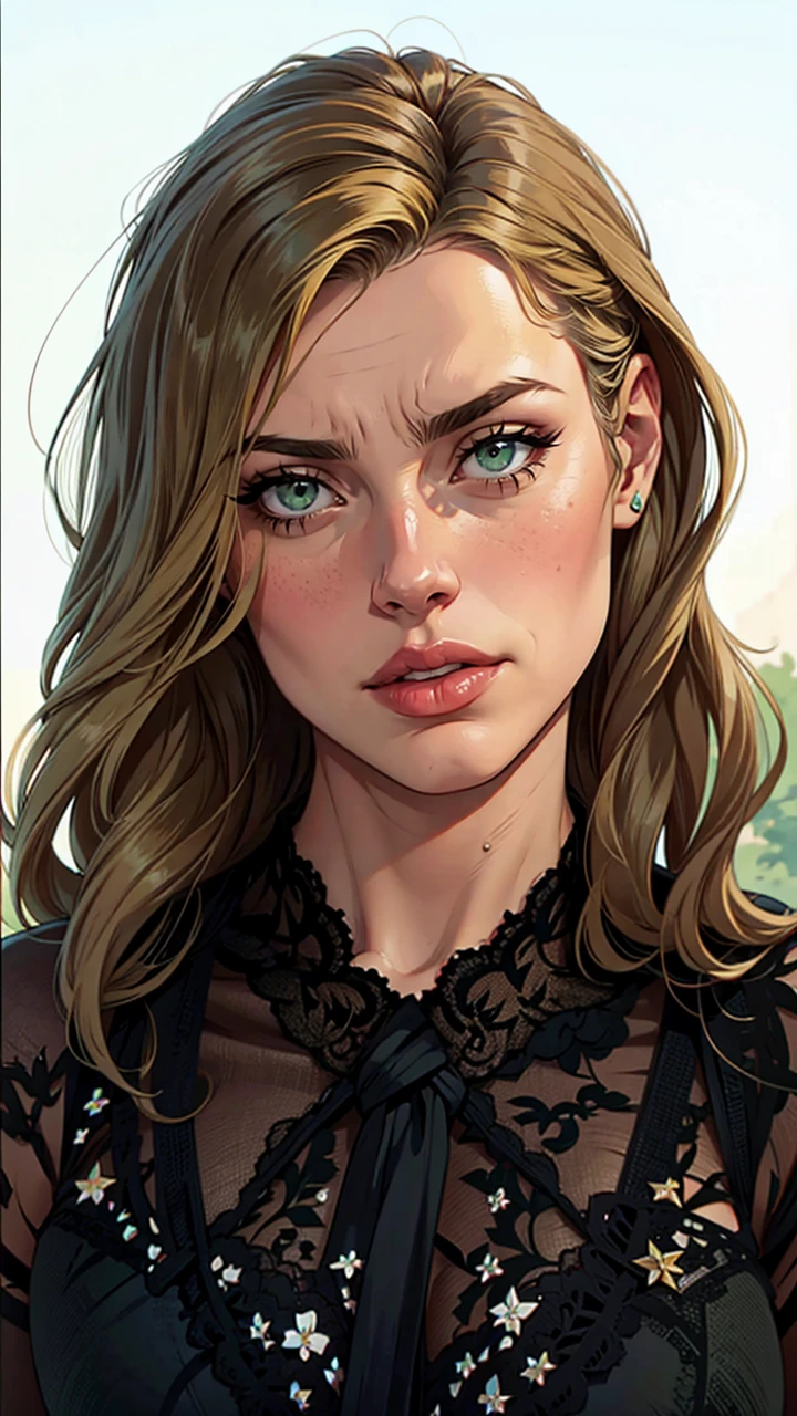 Lauren Cohan with widows peek long blonde hair and green eyes
