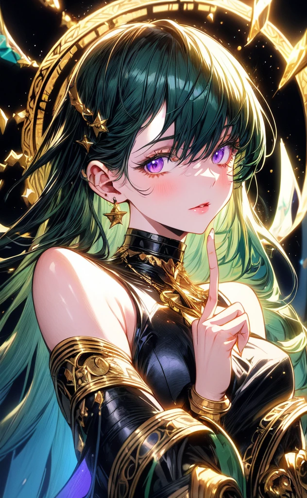 (masterpiece, best quality, ultra-detailed, best shadow), (detailed background,dark fantasy), (beautiful detailed face), high contrast, (best illumination, an extremely delicate and beautiful), ((cinematic light)), colorful, hyper detail, dramatic light, intricate details, (1girl, solo,blue & green hair, sharp face,purple eyes, hair between eyes,dynamic angle), blood splatter, swirling black light around the character, depth of field,black light particles,(broken glass),magic circle,