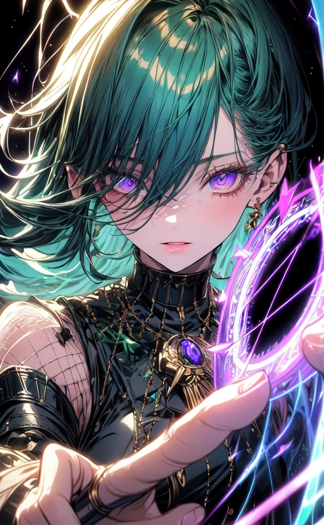 (masterpiece, best quality, ultra-detailed, best shadow), (detailed background,dark fantasy), (beautiful detailed face), high contrast, (best illumination, an extremely delicate and beautiful), ((cinematic light)), colorful, hyper detail, dramatic light, intricate details, (1girl, solo,blue & green hair, sharp face,purple eyes, hair between eyes,dynamic angle), blood splatter, swirling black light around the character, depth of field,black light particles,(broken glass),magic circle,